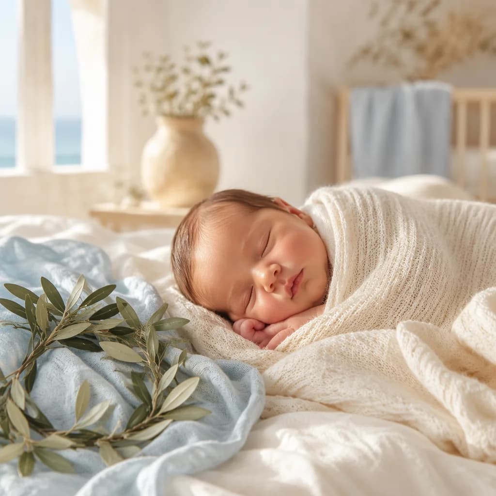 Sleeping newborn in a soft Greek-inspired nursery with olive branch accents and warm natural light.