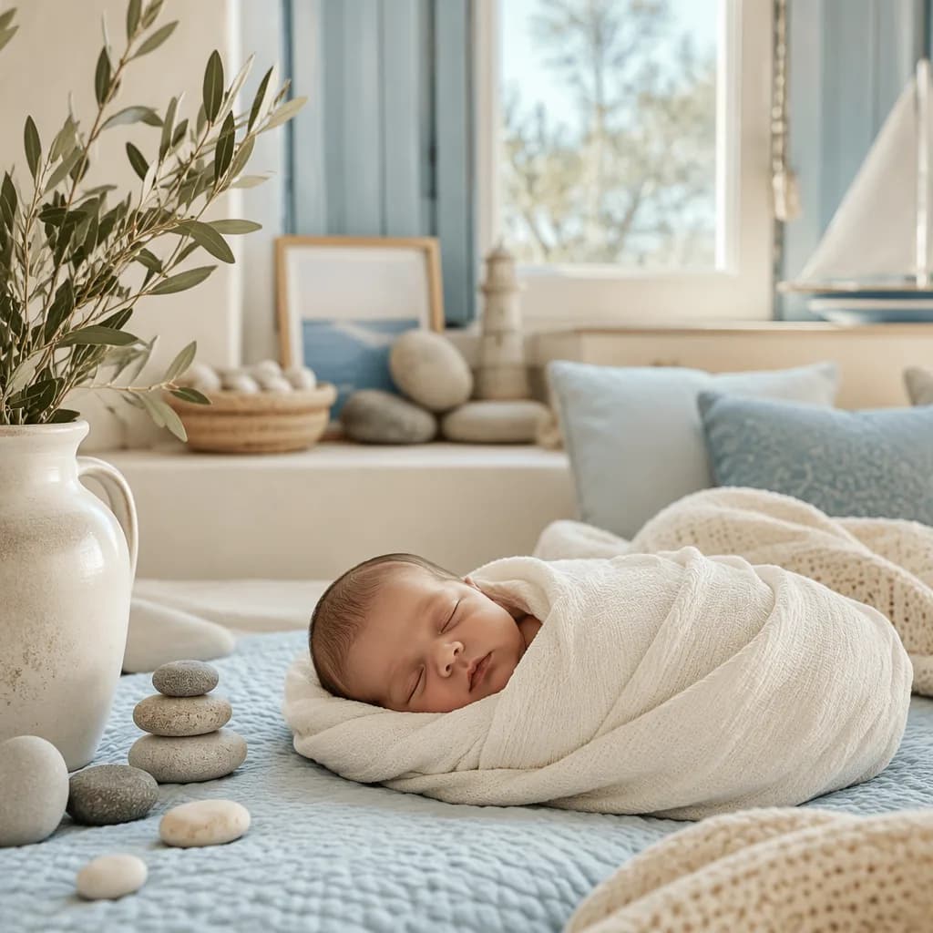 A peaceful Greek-inspired nursery with a swaddled sleeping baby, olive branch, and smooth stones in soft pastel light.