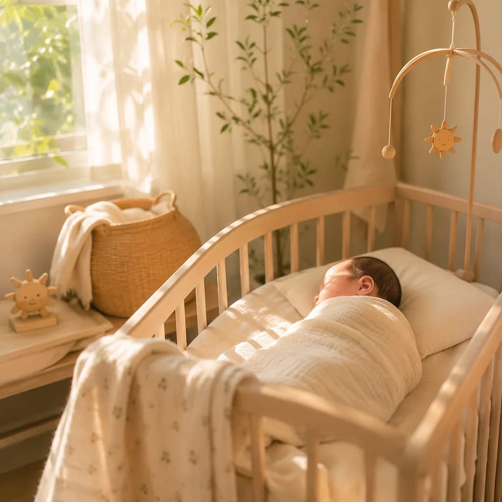 Vietnamese baby sleeping in a cozy nursery with warm morning sunlight.