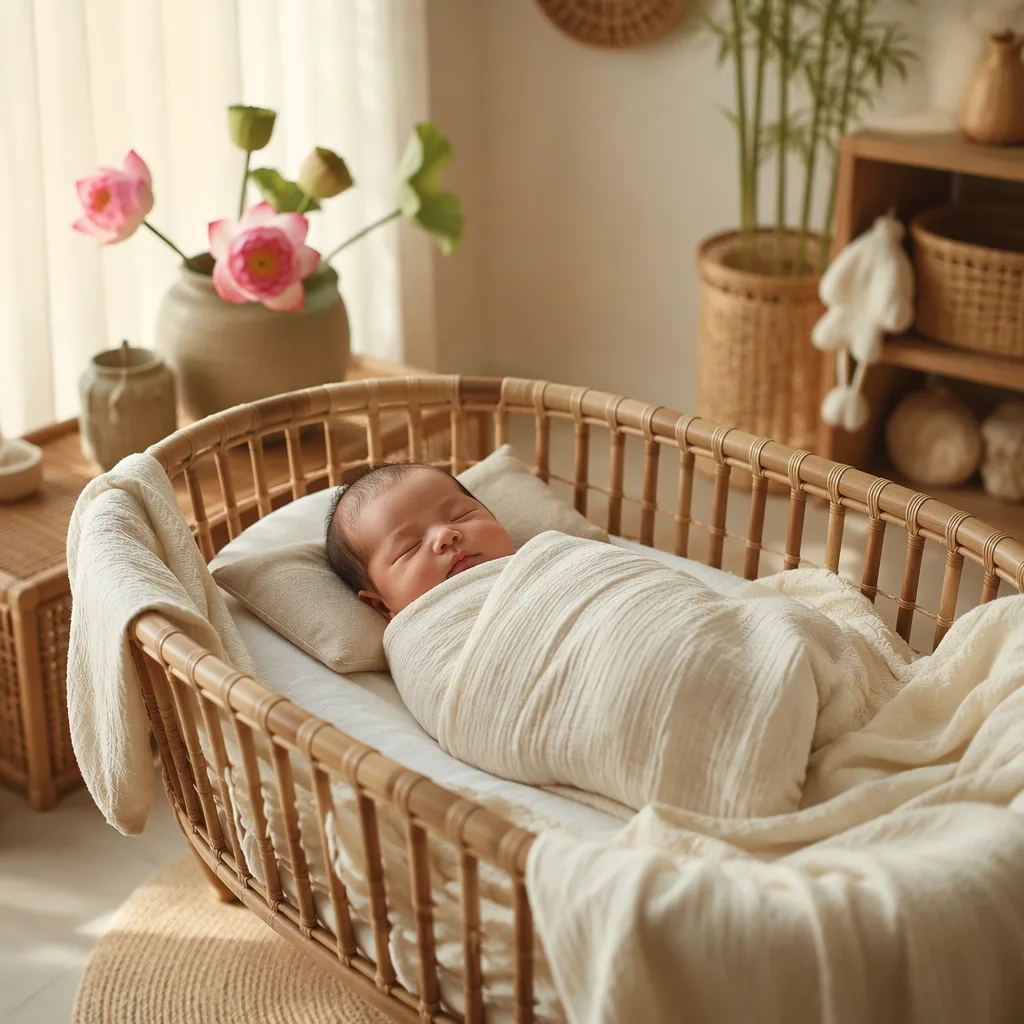 Sleeping newborn in a soft Vietnamese-inspired nursery with lotus flowers and warm natural light