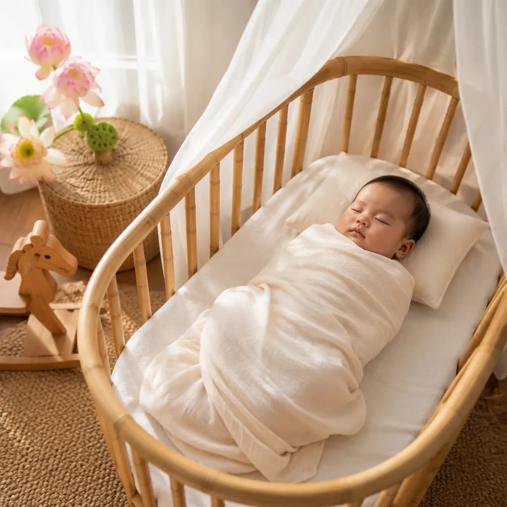 Sleeping Vietnamese baby in a soft pastel nursery with lotus flowers and warm morning light.