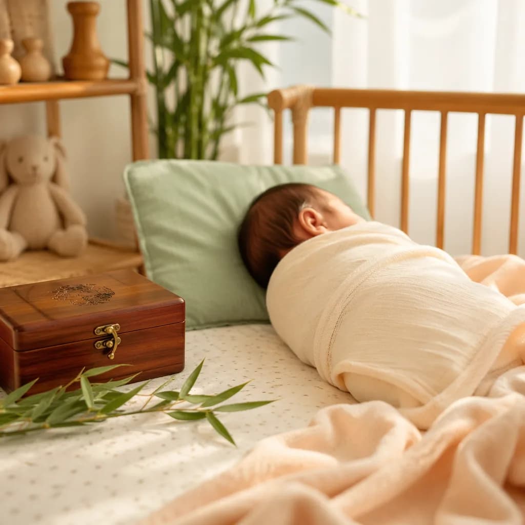 Sleeping Vietnamese baby in a soft modern nursery with a wooden keepsake box and bamboo accents.