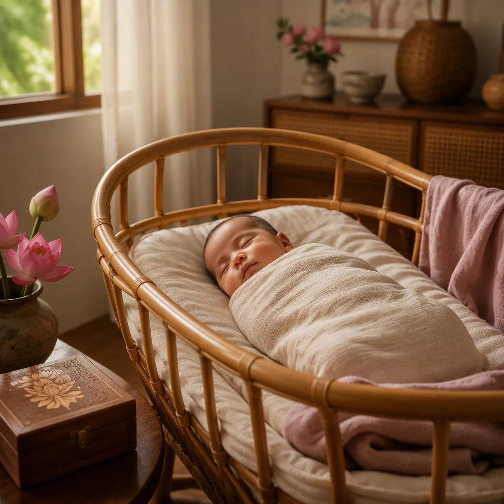 Sleeping baby in a cozy Vietnamese-inspired nursery with a keepsake box and lotus flowers.
