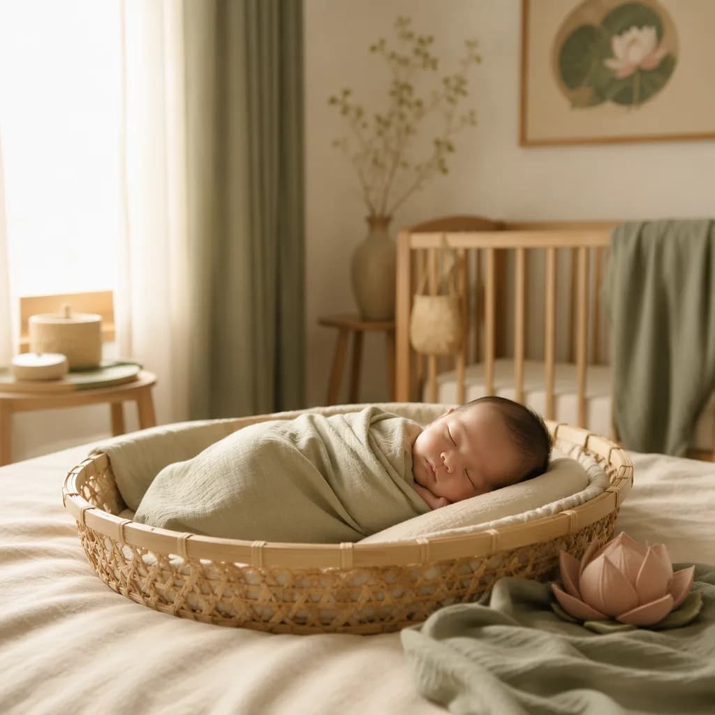 Peaceful Vietnamese-inspired nursery scene with a resting baby and soft lotus details.