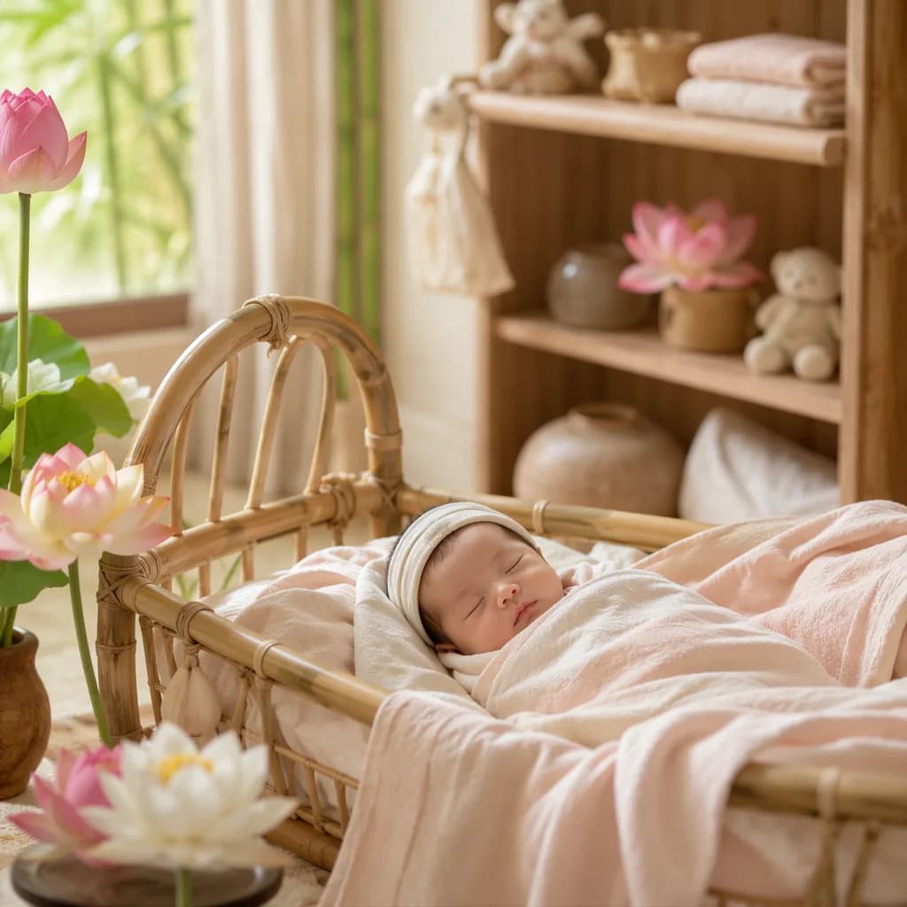 Sleeping baby in a soft Vietnamese-inspired nursery with lotus flowers and warm natural light.