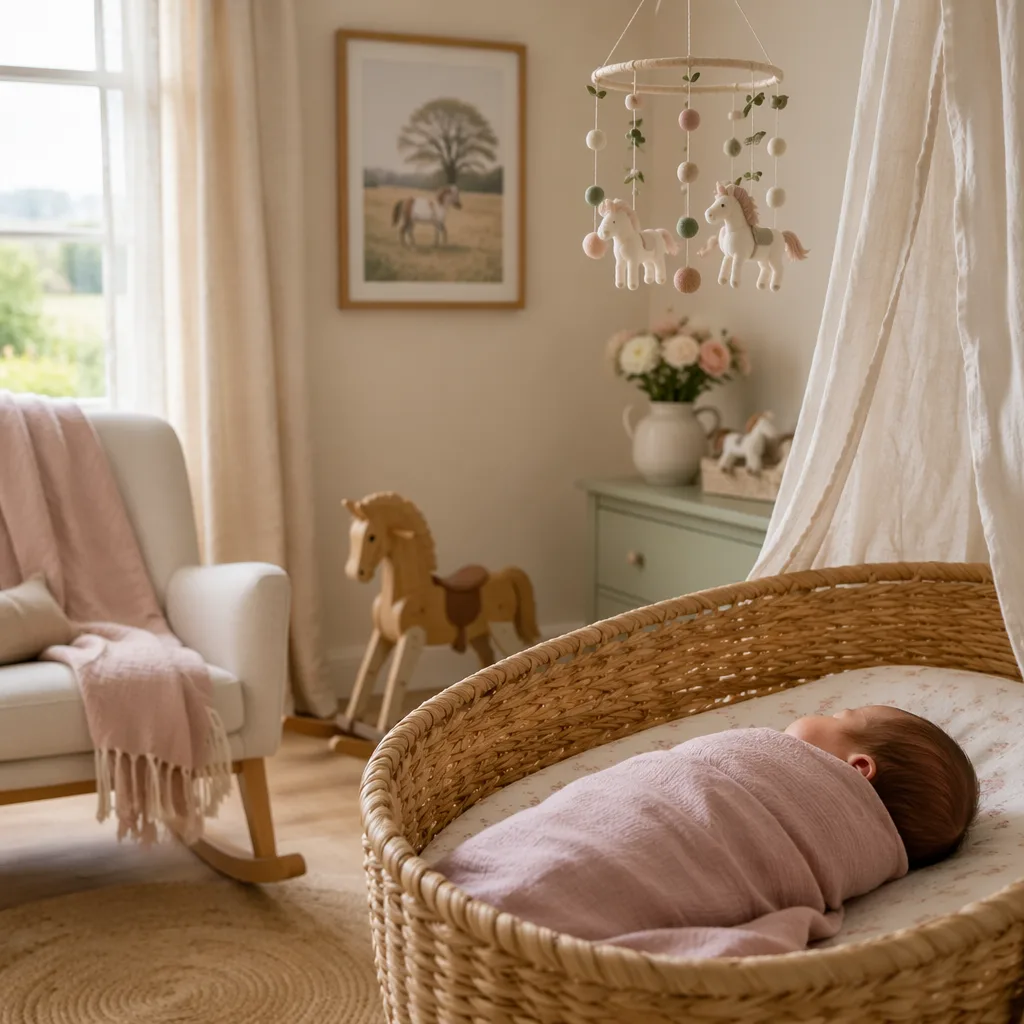 Soft French nursery with a sleeping baby and subtle horse-themed decor.