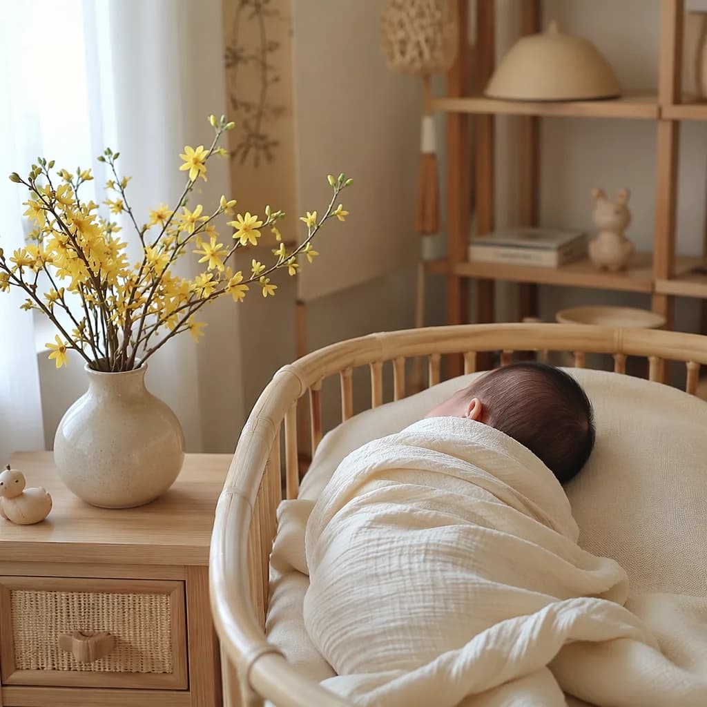 Sleeping swaddled baby in a soft nursery beside yellow apricot blossoms.