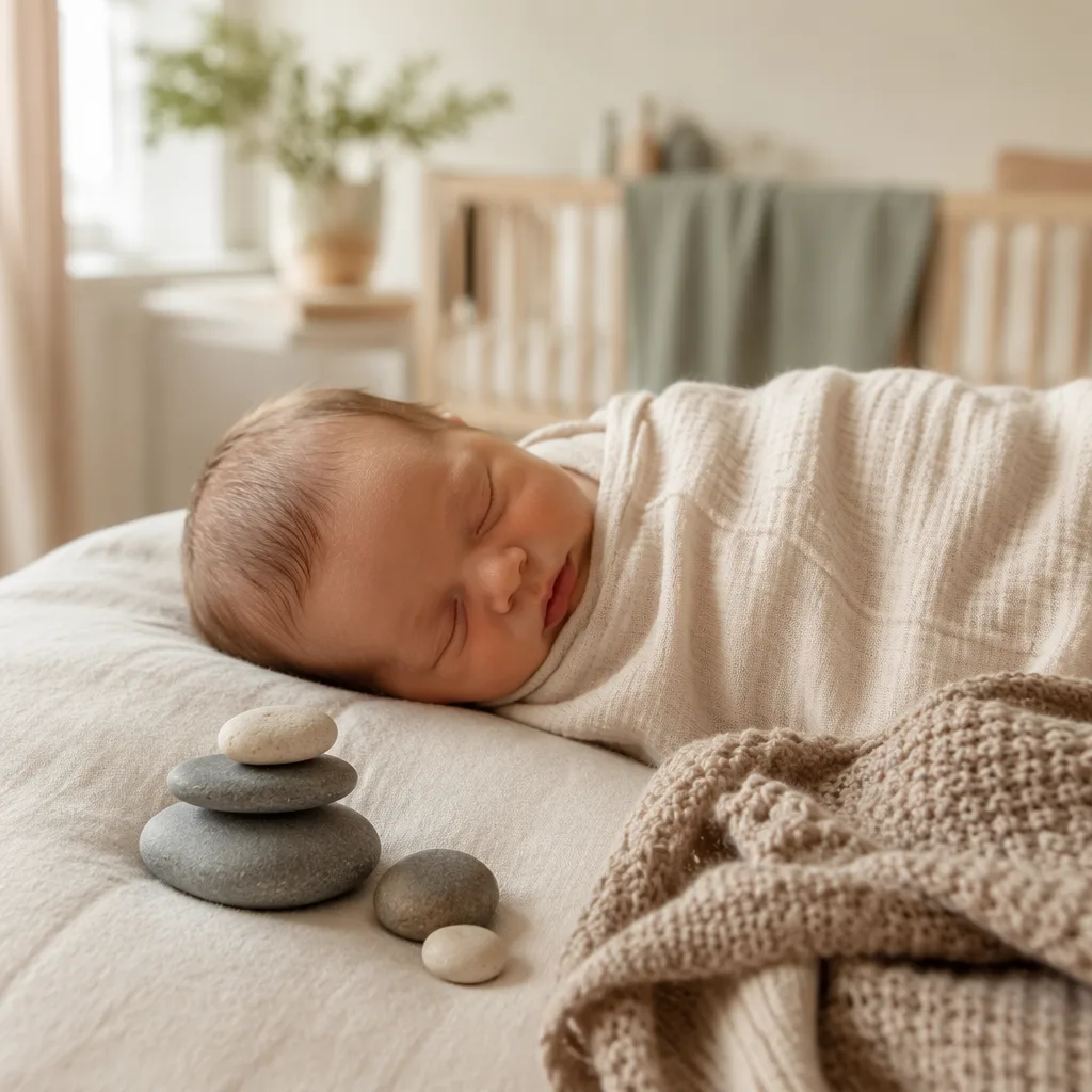 Sleeping swaddled baby in a soft nursery beside smooth stones.