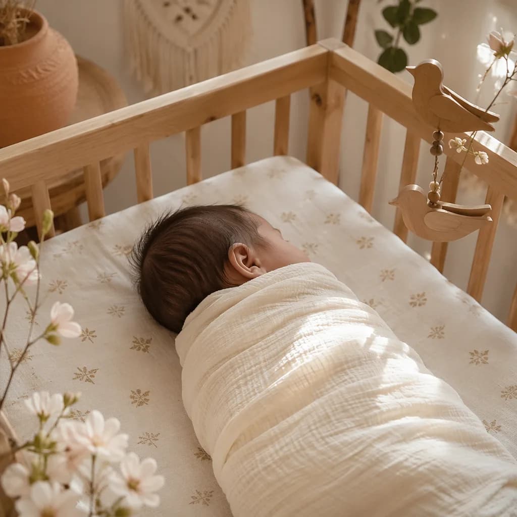 A softly lit nursery scene with a swaddled baby and delicate bird and floral accents.