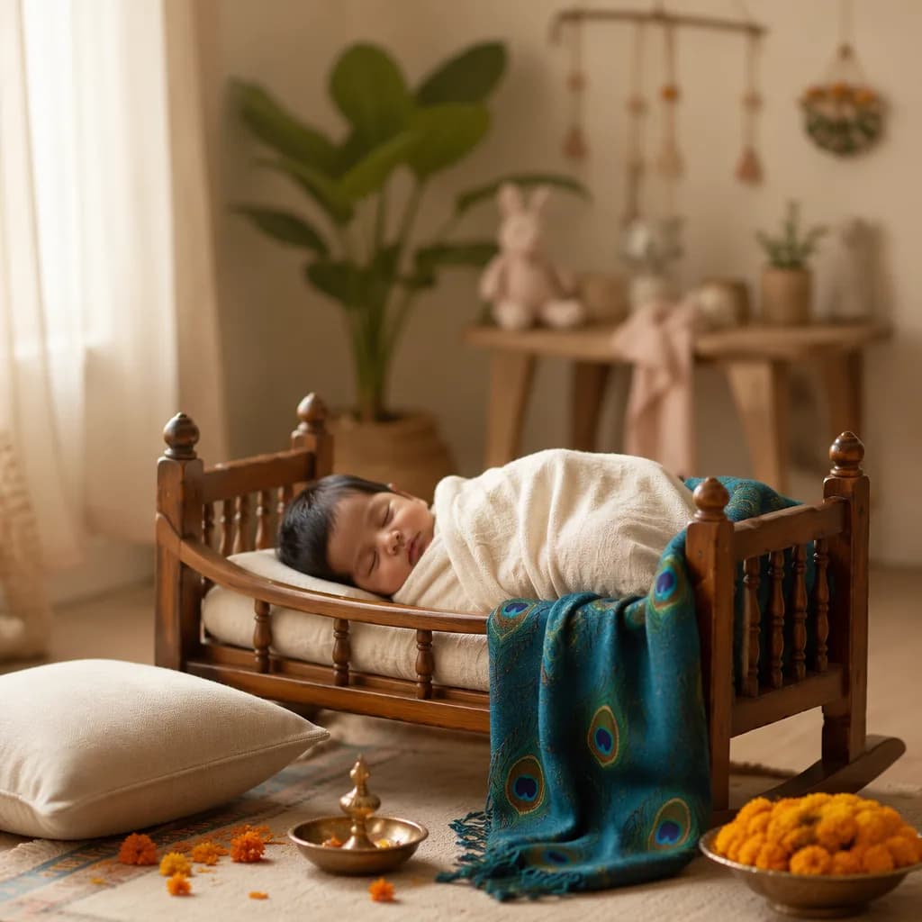 A serene pastel nursery with a swaddled sleeping baby and gentle Indian-inspired details.