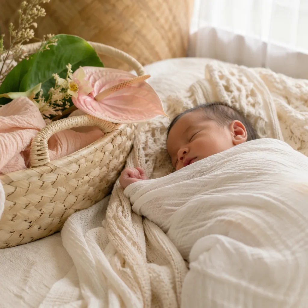 A softly lit Hawaiian-inspired nursery scene with a swaddled sleeping baby and pastel tropical accents.