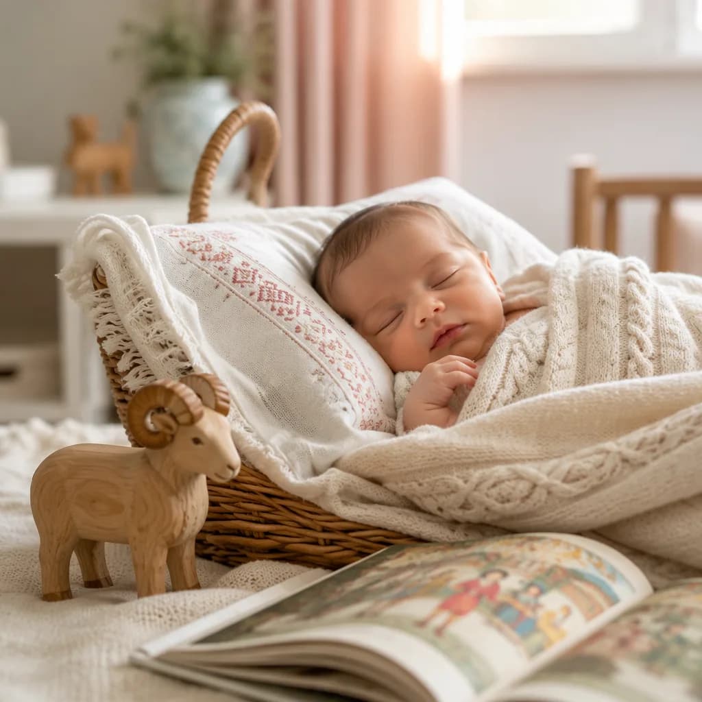 Sleeping baby in a cozy pastel nursery with a wooden ram toy and soft Russian-inspired details