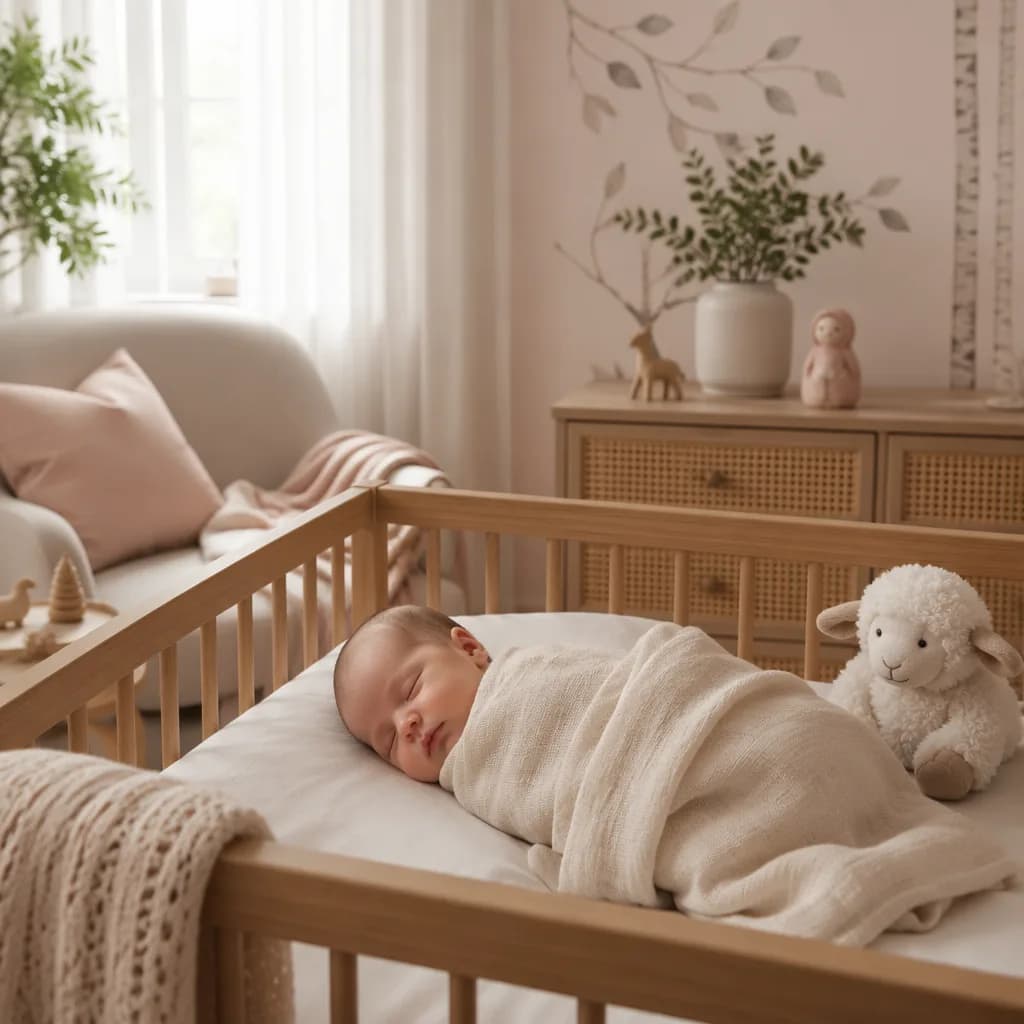 A peaceful baby sleeping in a soft pastel nursery with a plush lamb and gentle natural light.