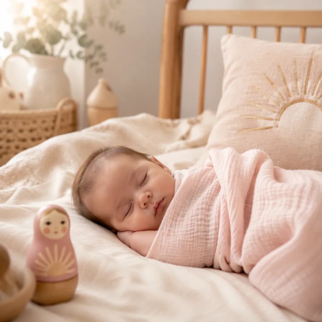 Sleeping baby in a soft pastel nursery with a wooden nesting doll-inspired toy.