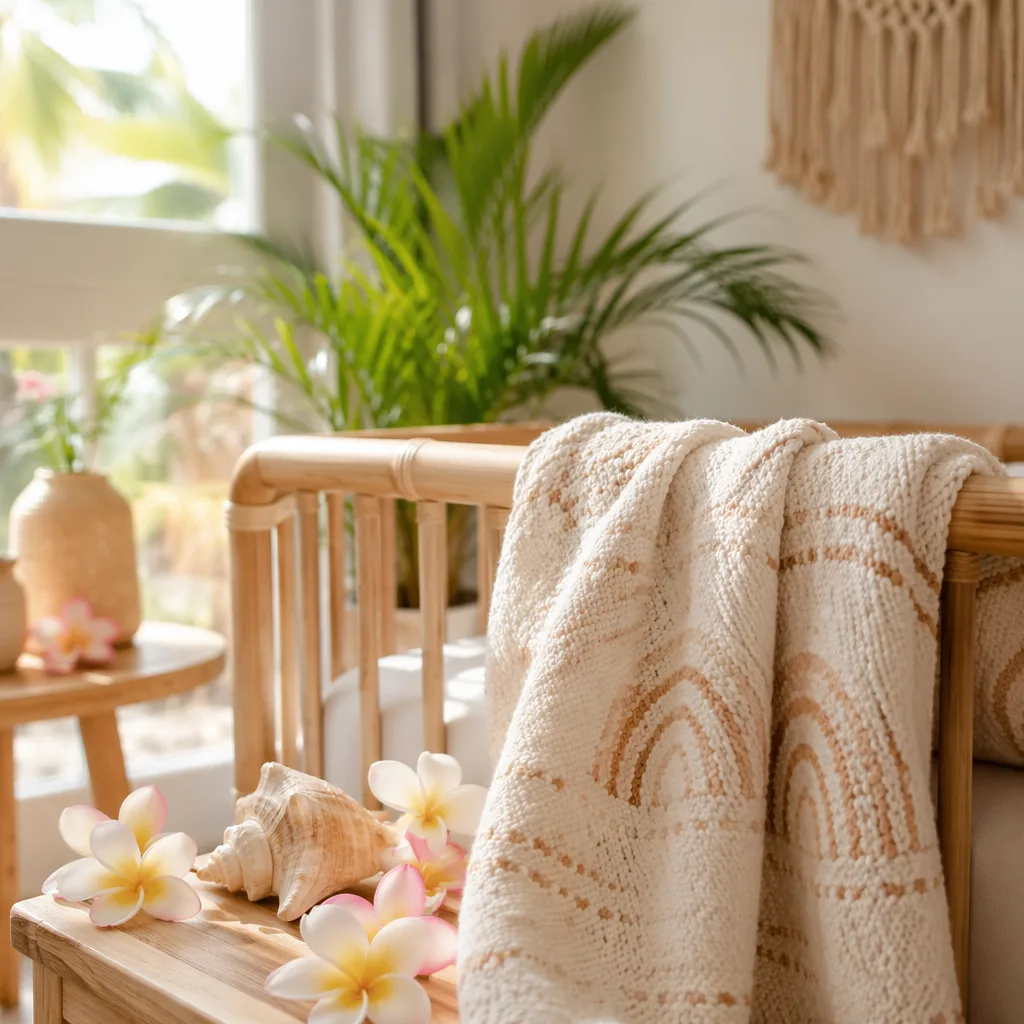 Peaceful Hawaiian-inspired nursery still life with soft blanket, plumeria flowers, and gentle natural light.