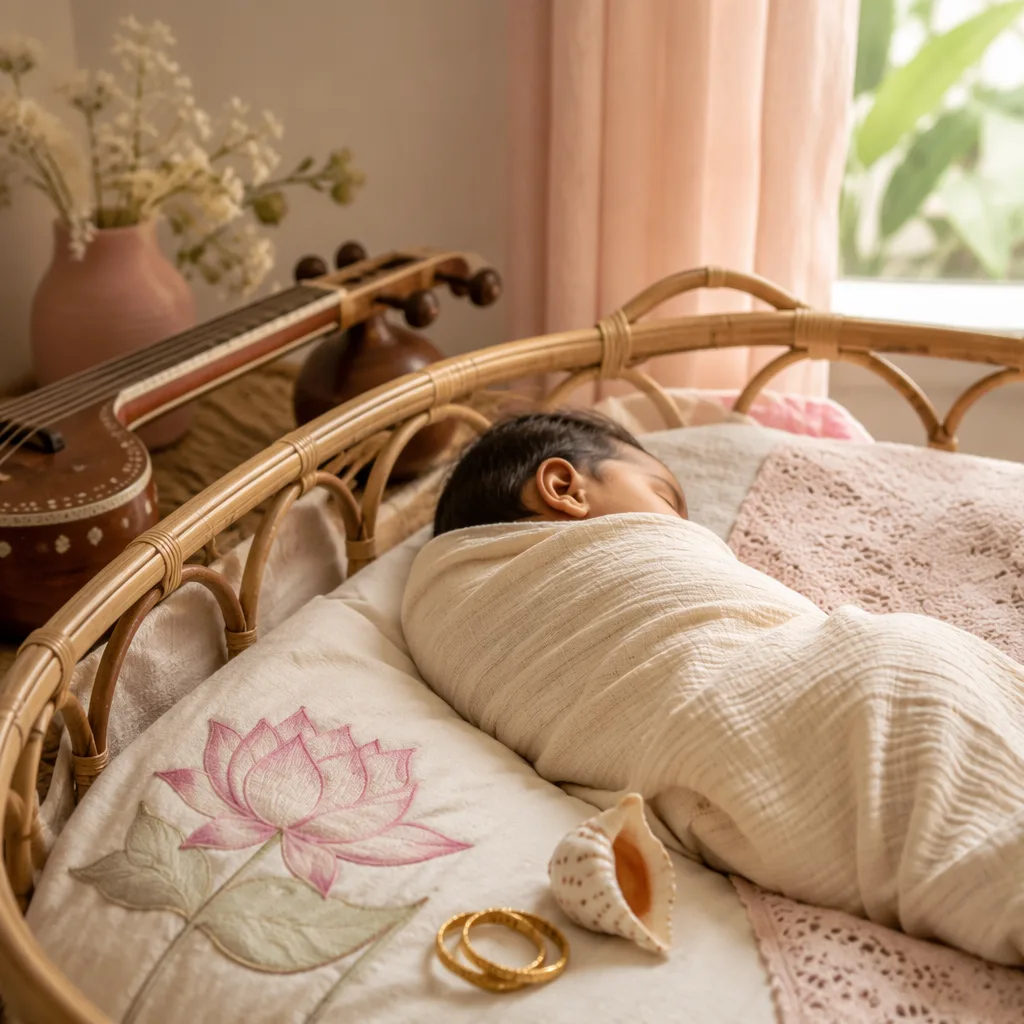 A softly lit Bengali-inspired nursery with a swaddled sleeping baby and gentle cultural accents.
