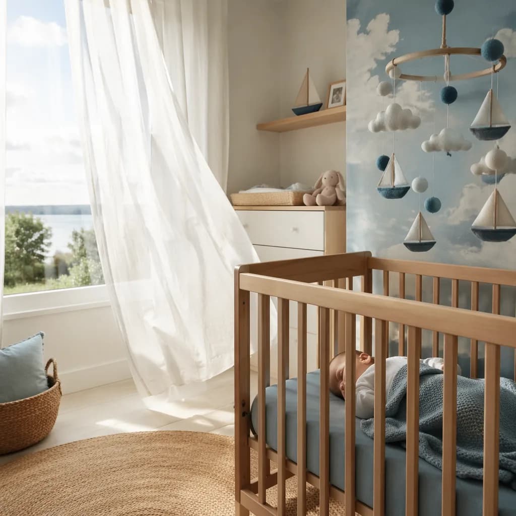 Soft pastel nursery with billowing curtains and a sleeping baby, evoking a gentle breeze.