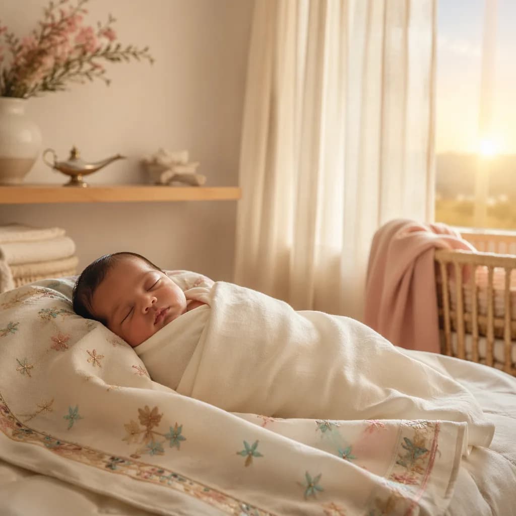 Sleeping newborn in a soft Punjabi-inspired nursery with warm morning light.