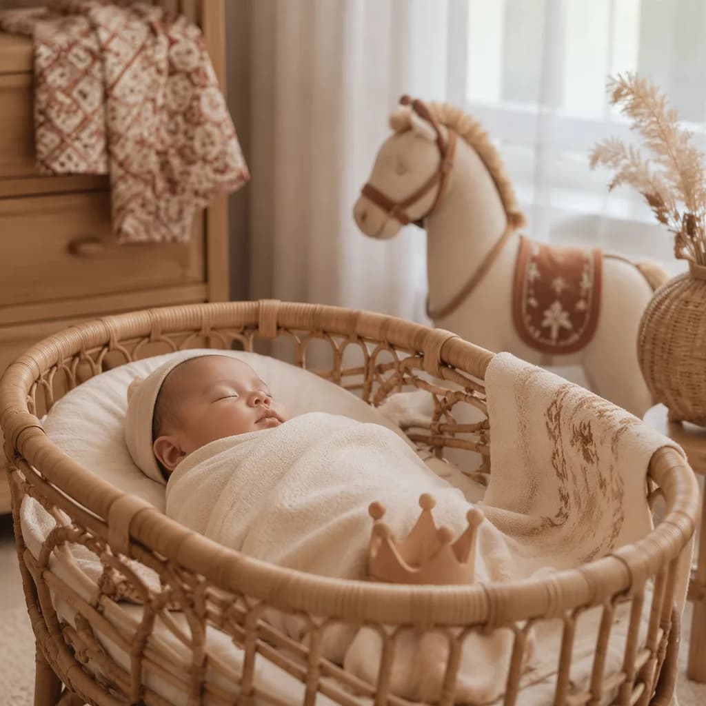 Sleeping baby in a soft nursery with a wooden crown and batik-inspired details.
