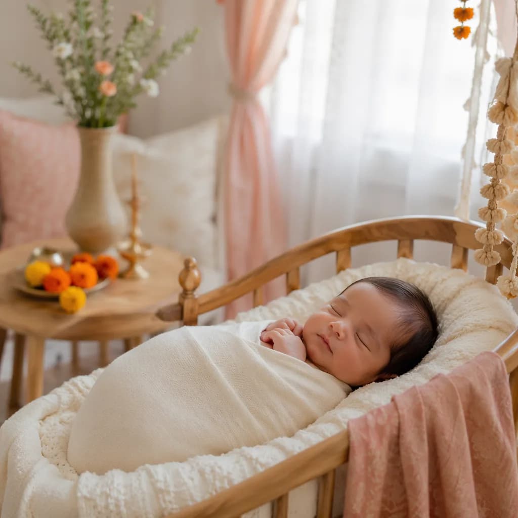 Peaceful swaddled baby in a soft pastel nursery with reverent, prayerful warmth.