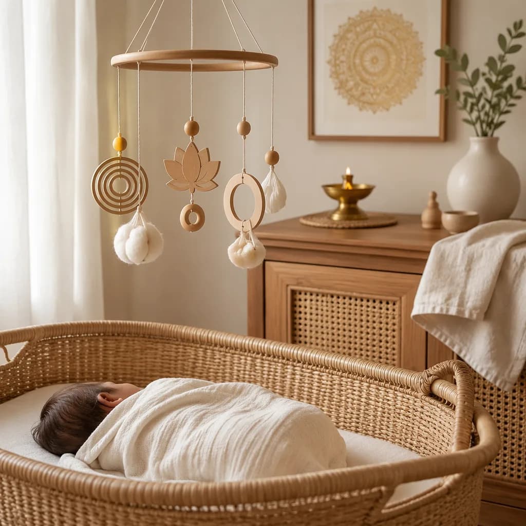 A softly lit nursery with a swaddled sleeping baby and peaceful Sanskrit-inspired decor.