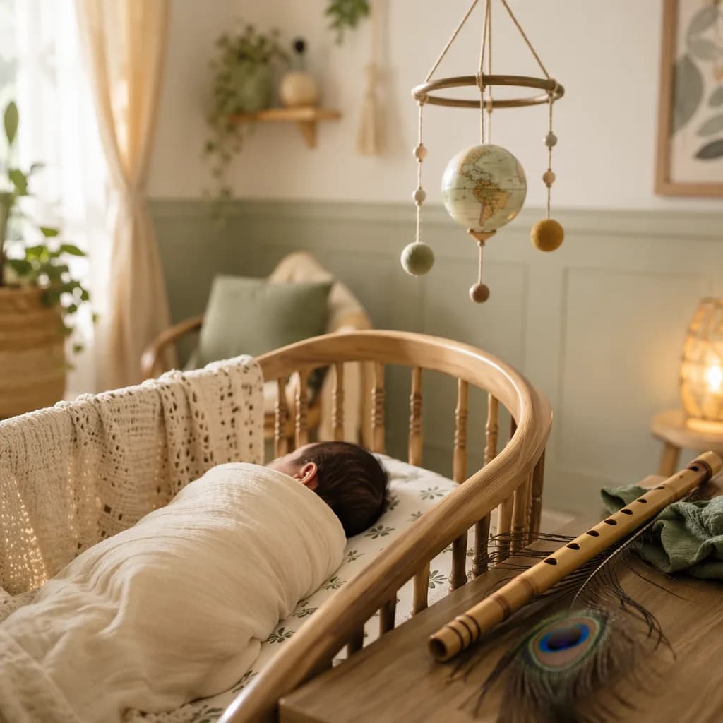 A softly lit Indian nursery with a sleeping swaddled baby, peacock feather, wooden flute, and cozy pastel decor.