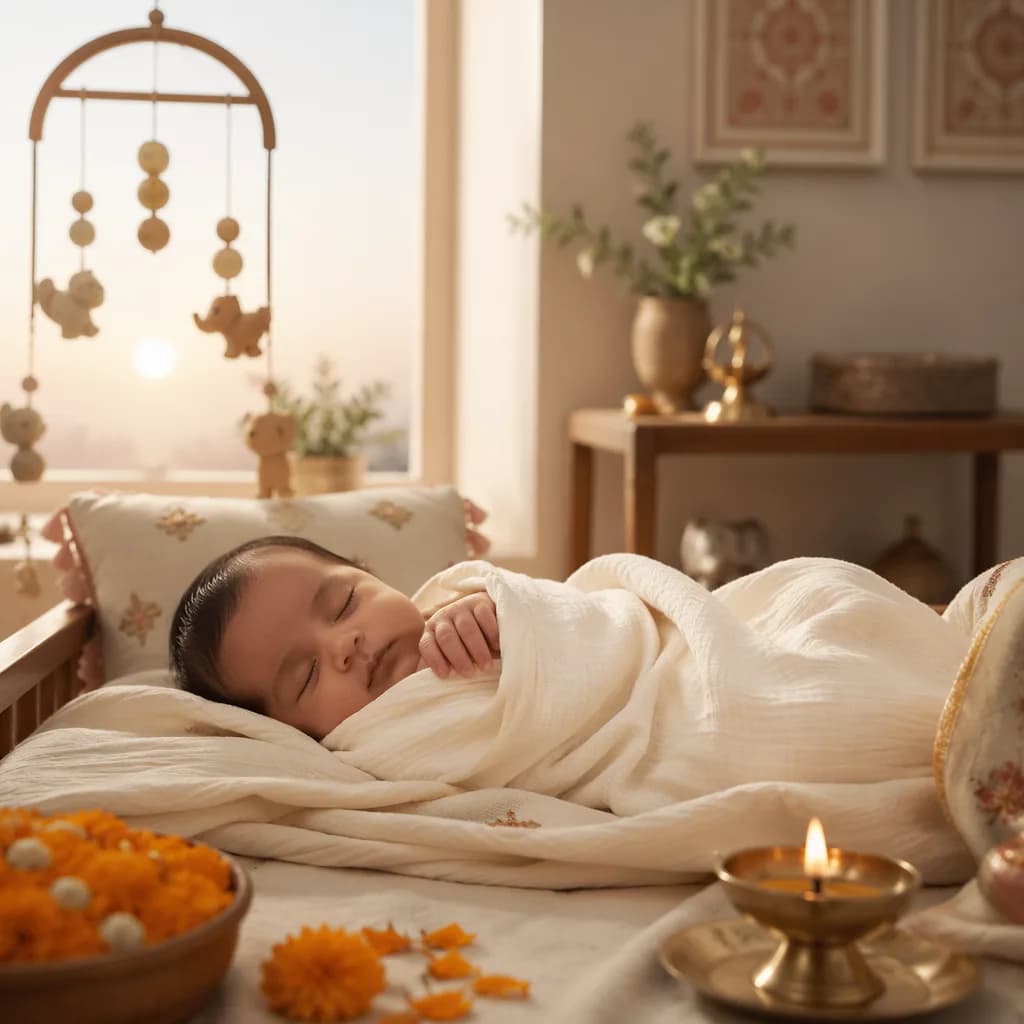 Sleeping newborn in a soft pastel nursery with gentle Indian-inspired details.