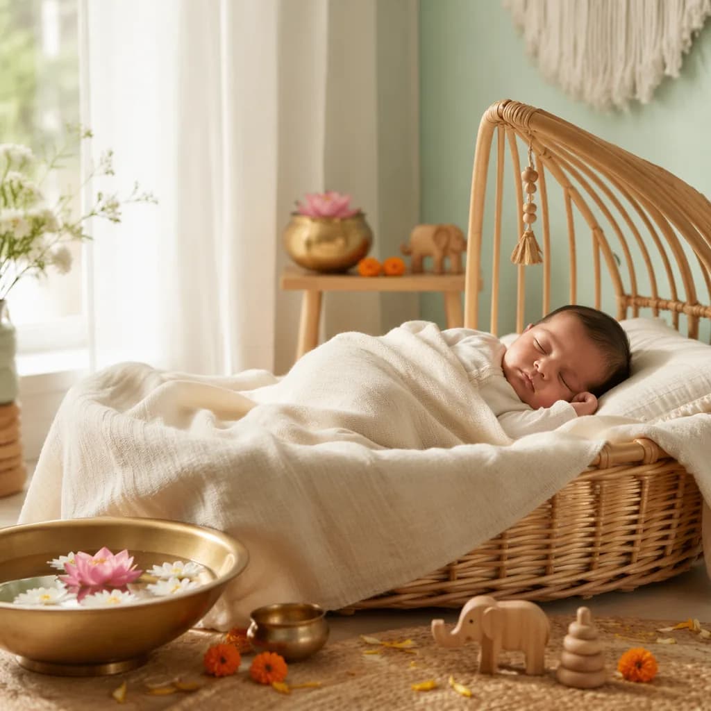 Sleeping newborn in a soft pastel Indian-inspired nursery with lotus flowers and warm natural light.