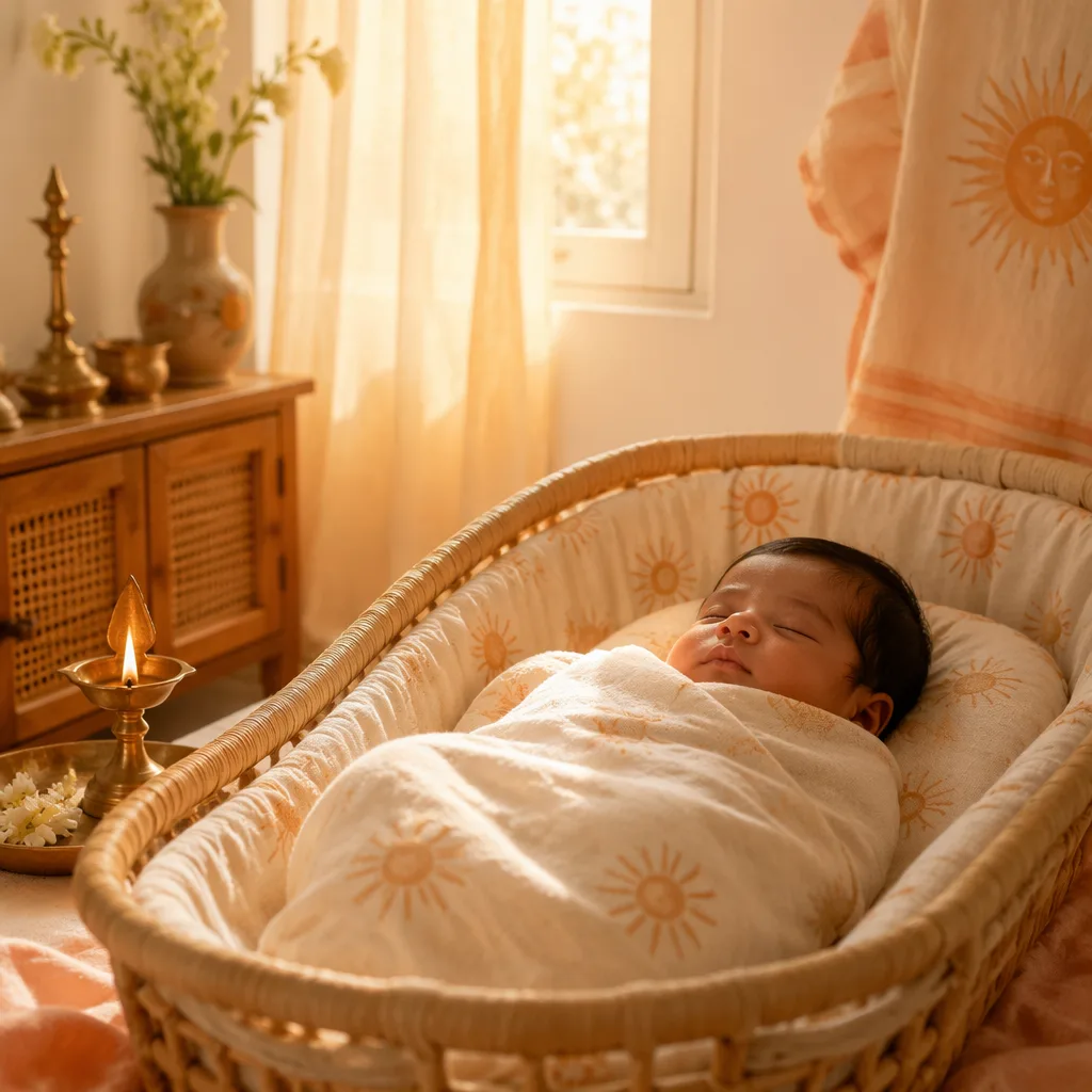 A sleeping baby in a softly lit nursery with dawn sunlight and a small brass lamp.