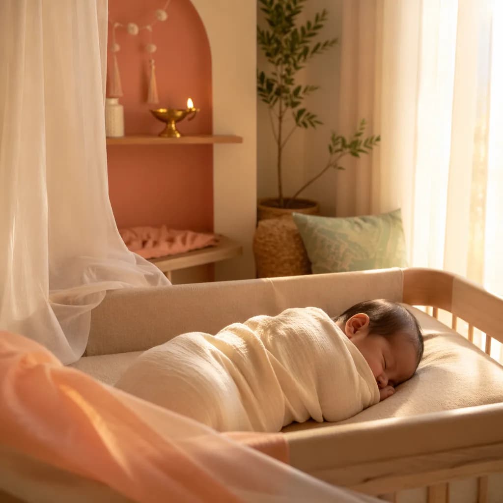 A peaceful newborn in a soft pastel nursery lit by warm dawn sunlight.