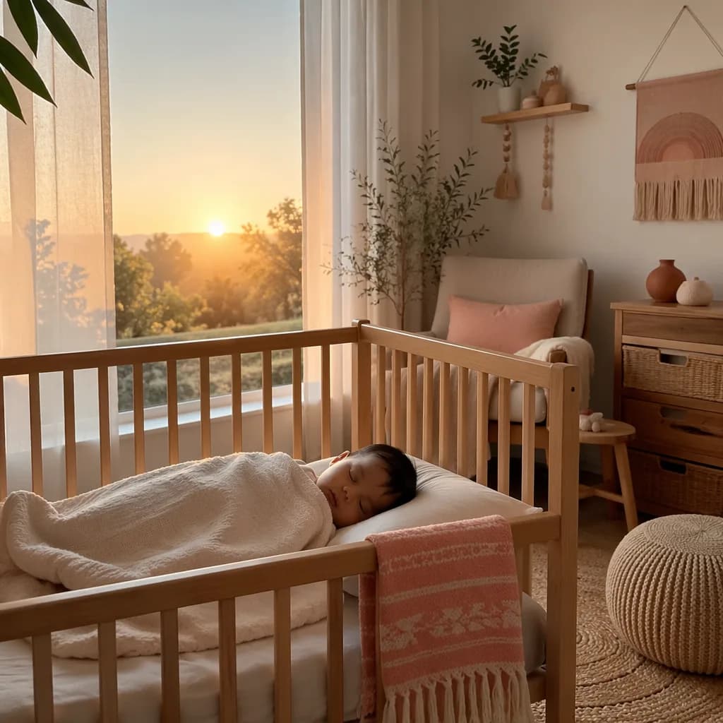 A peaceful baby nursery glowing with soft sunrise light.