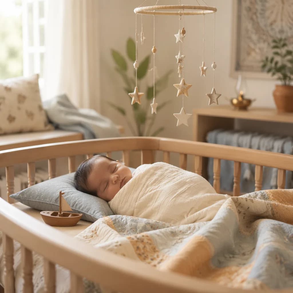 Sleeping baby in a cozy pastel nursery with star mobile and journey-themed accents.