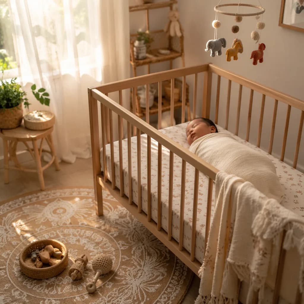 A peaceful Bengali-inspired nursery at dawn with a swaddled sleeping baby in soft natural light.