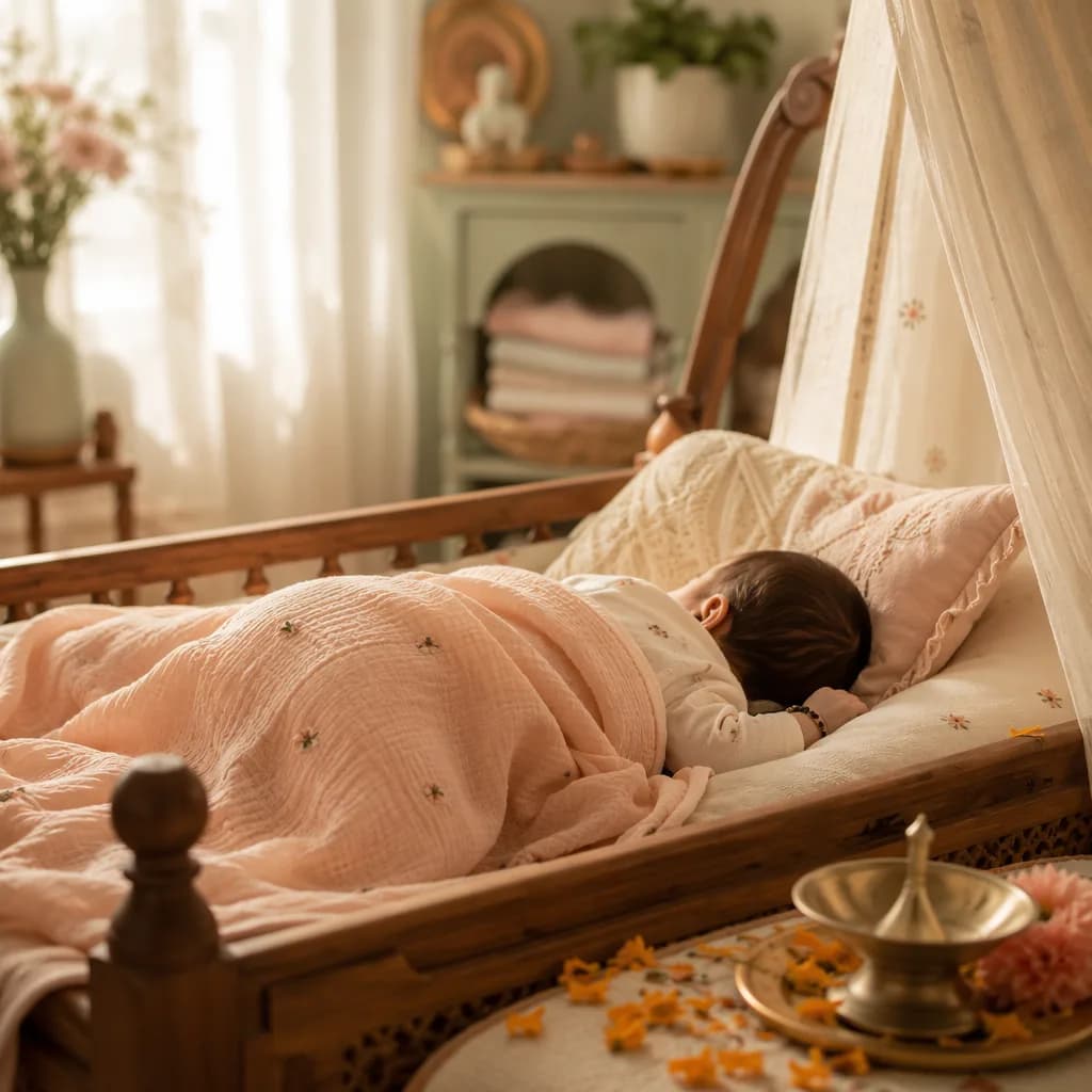 Soft pastel Indian nursery with a sleeping baby in a cozy cradle, warm natural light, and gentle traditional accents.