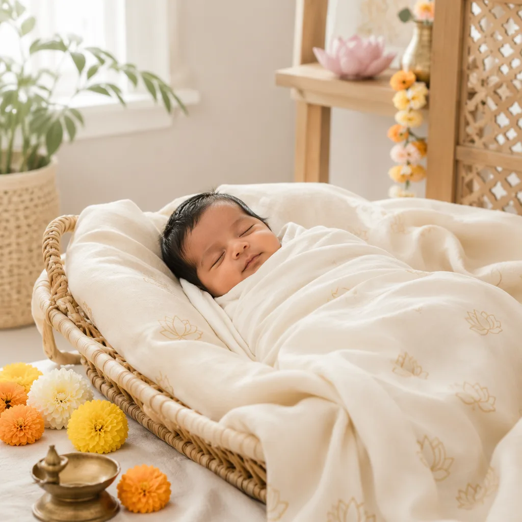 Peaceful newborn in a pastel Indian-inspired nursery with soft flowers and warm natural light.