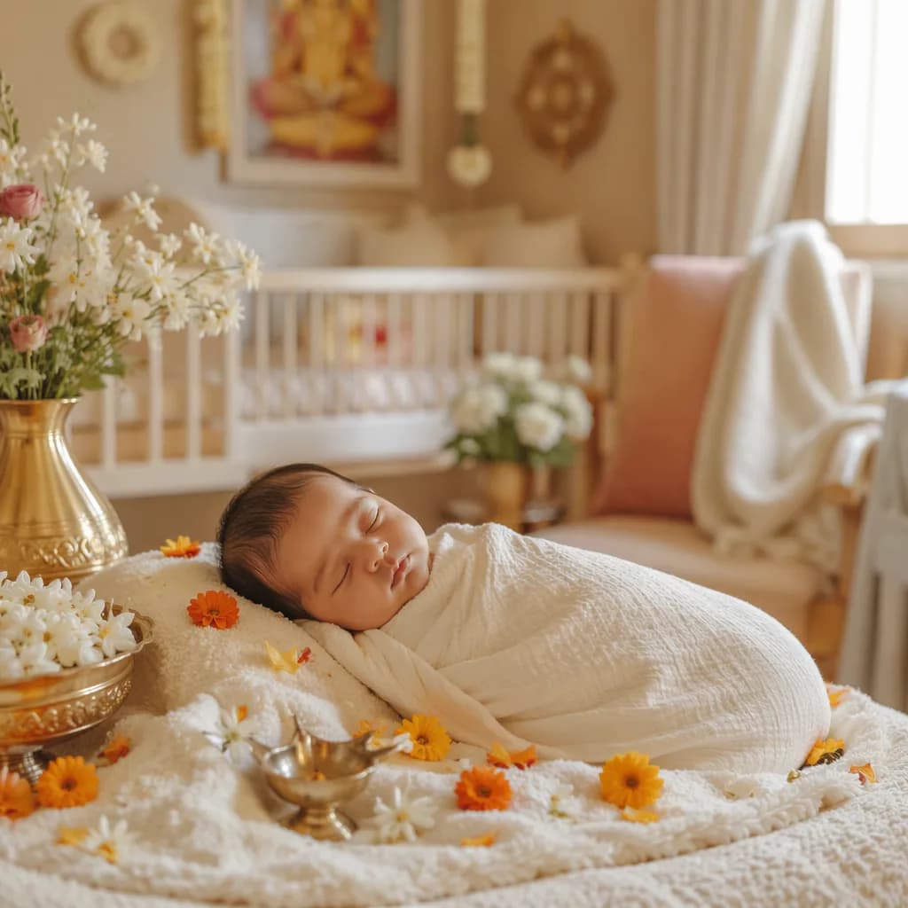 A peaceful baby in a cozy pastel nursery with Indian-inspired floral details.