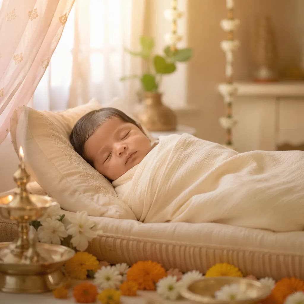 A peaceful swaddled baby in a softly lit Sanskrit-inspired nursery with flowers and warm pastel decor.