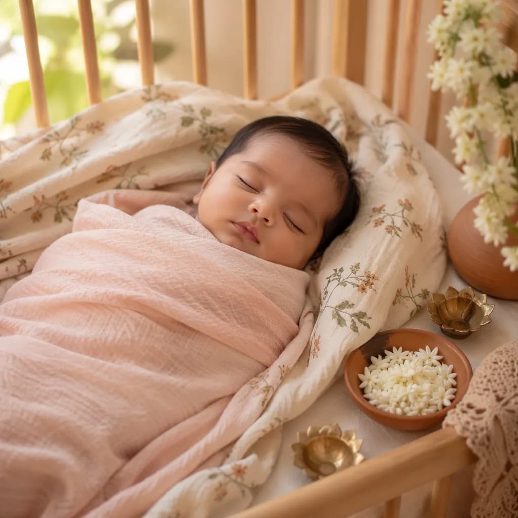 Sleeping baby in a soft pastel nursery with jasmine and warm earthy Indian-inspired decor.
