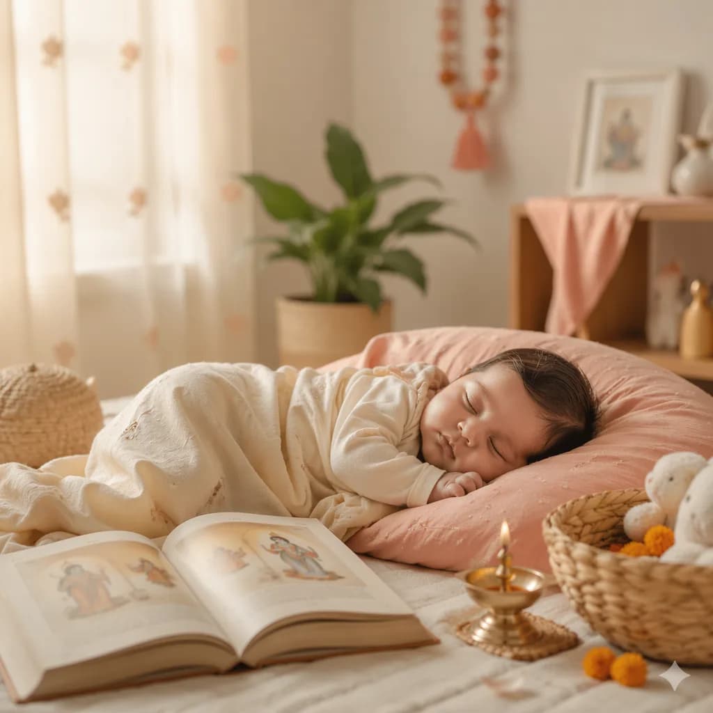 Sleeping baby in a soft pastel nursery with gentle Indian-inspired decor.