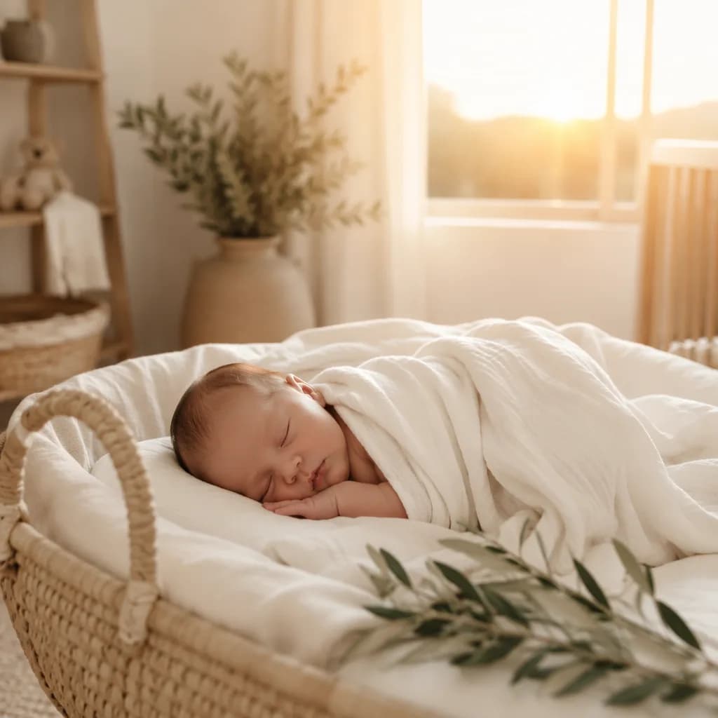 Sleeping newborn in a soft nursery with olive branch and warm sunrise light.