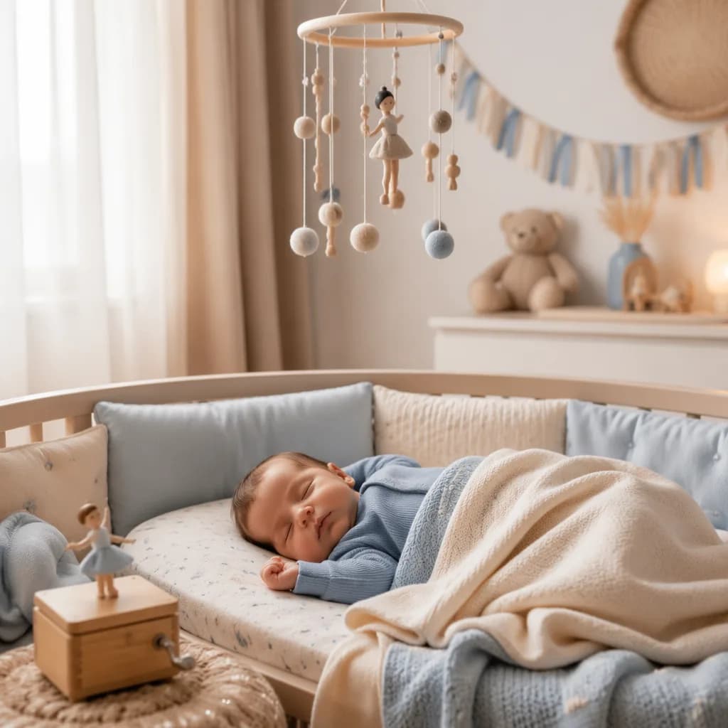 Sleeping baby in a soft pastel nursery with gentle musical and dance-inspired details.