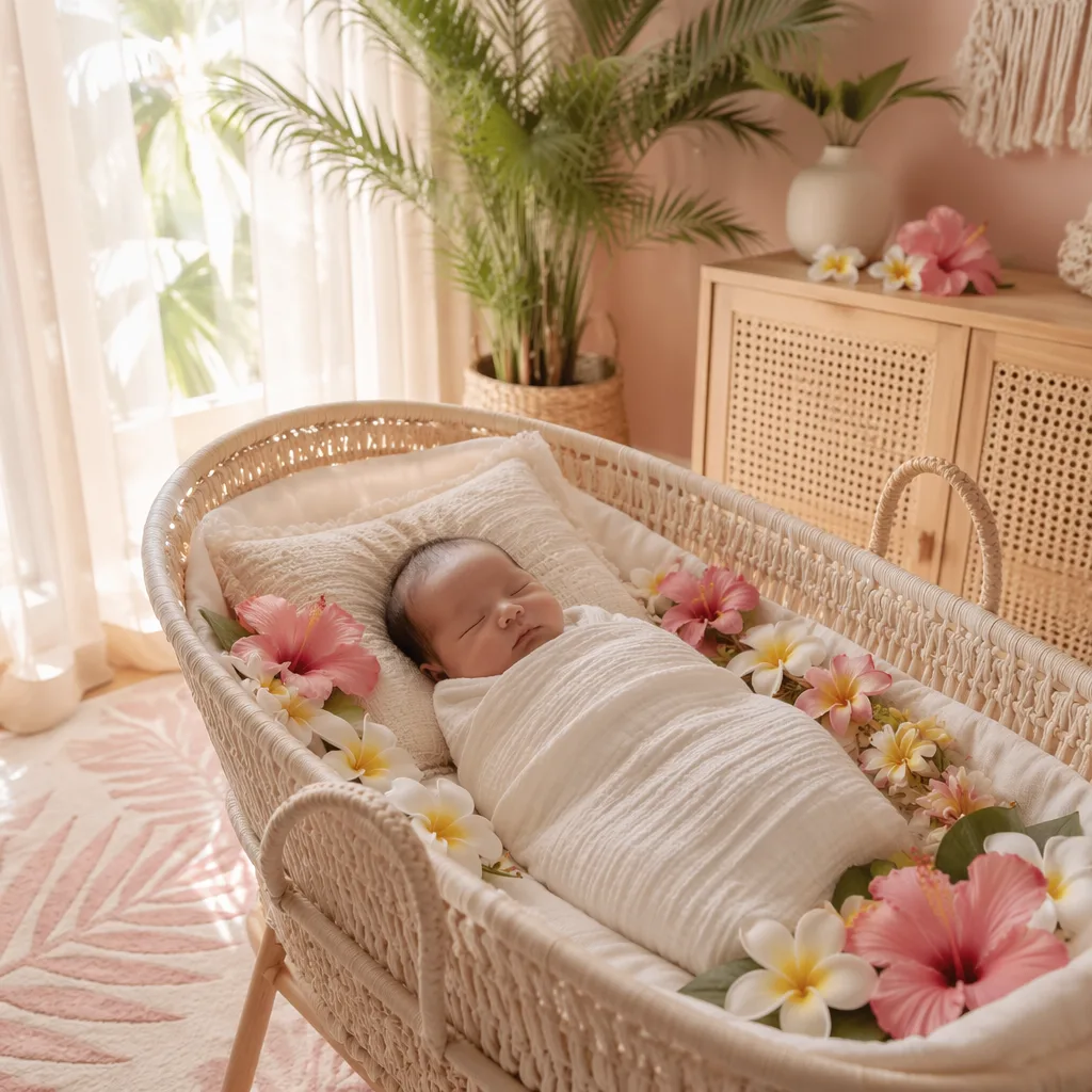 Sleeping swaddled baby in a soft Hawaiian-inspired nursery with pastel tropical flowers.