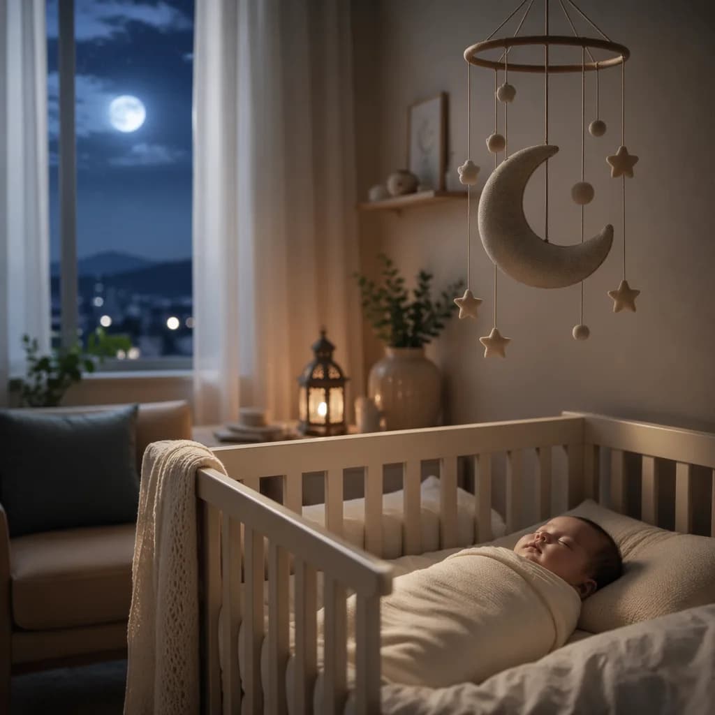 Sleeping baby in a soft nursery with a crescent moon mobile and gentle moonlight.