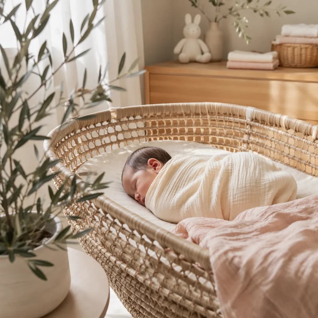 Peaceful Indonesian baby sleeping in a soft pastel nursery.