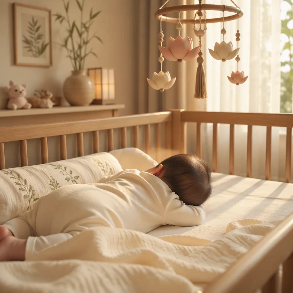 A peaceful Vietnamese-inspired nursery with a sleeping baby in soft morning light.