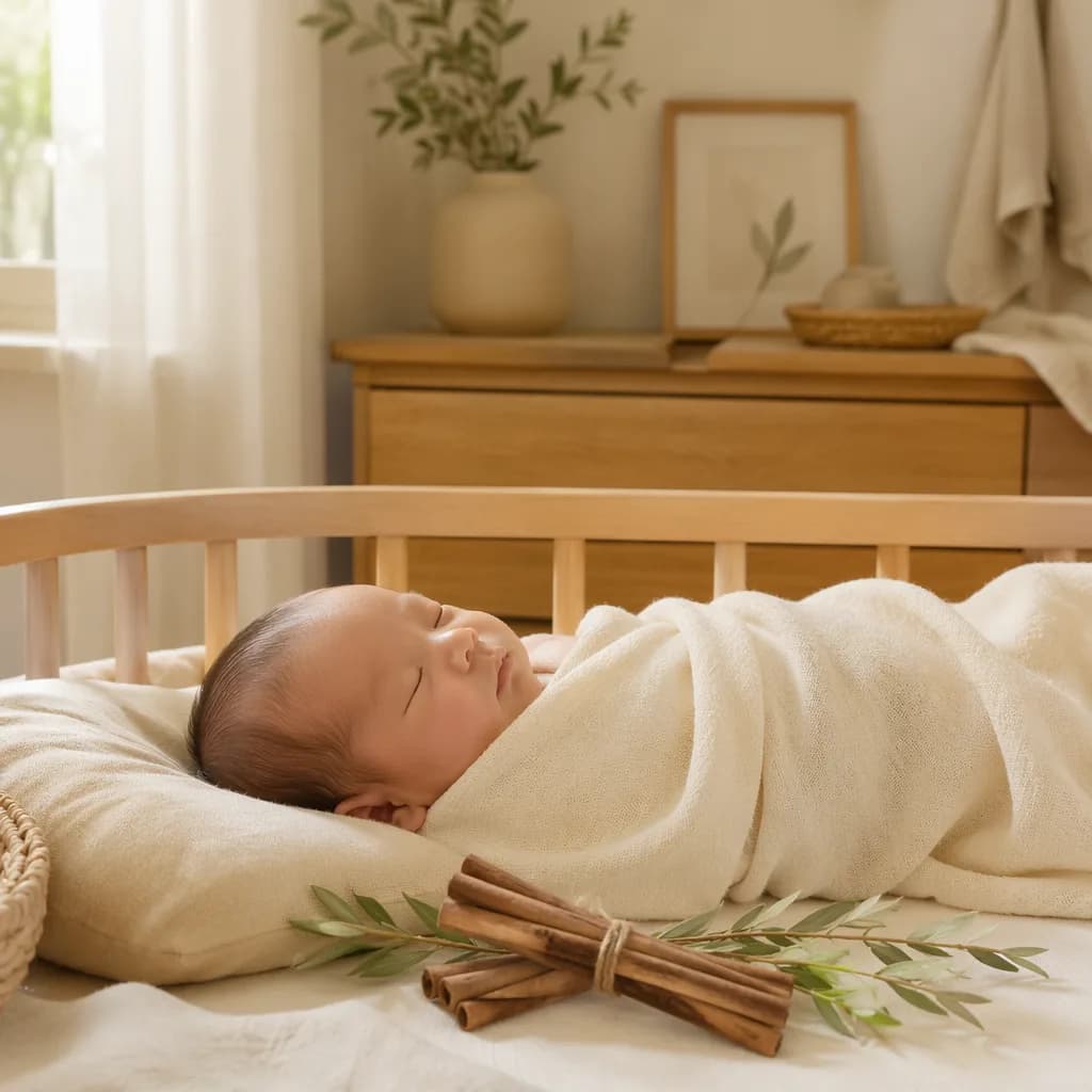 A softly lit nursery with a sleeping swaddled baby and gentle cinnamon-inspired decor.