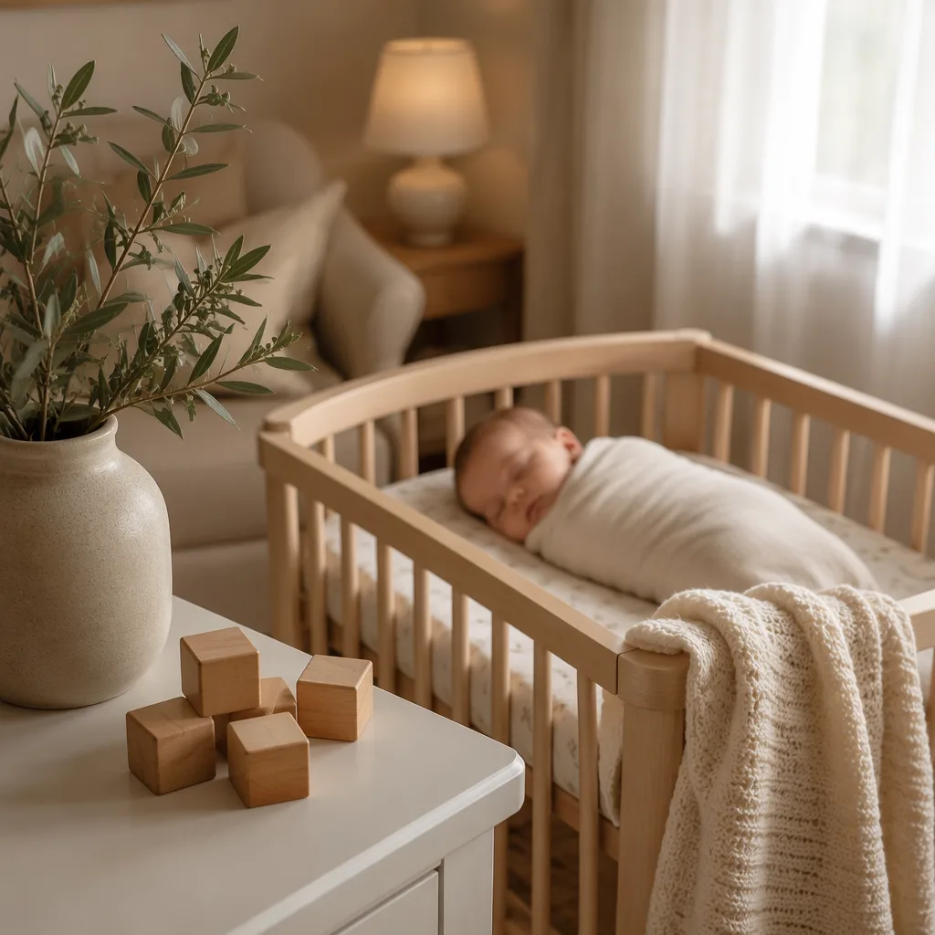 A peaceful pastel nursery with a sleeping baby, olive branches, and soft natural light.