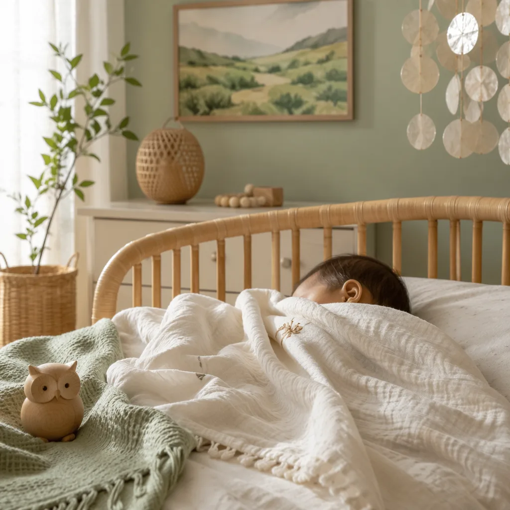 A Filipino baby napping in a soft pastel nursery with cozy rattan and gentle symbolic decor.