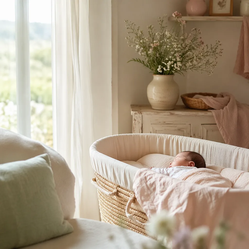 Serene pastel French nursery with a sleeping baby in a bassinet and soft morning light.