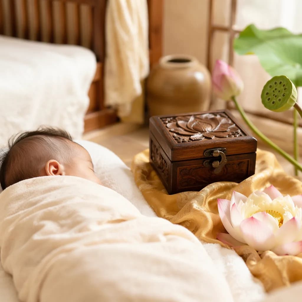 Sleeping baby in a soft nursery beside lotus flowers and a small treasure box.